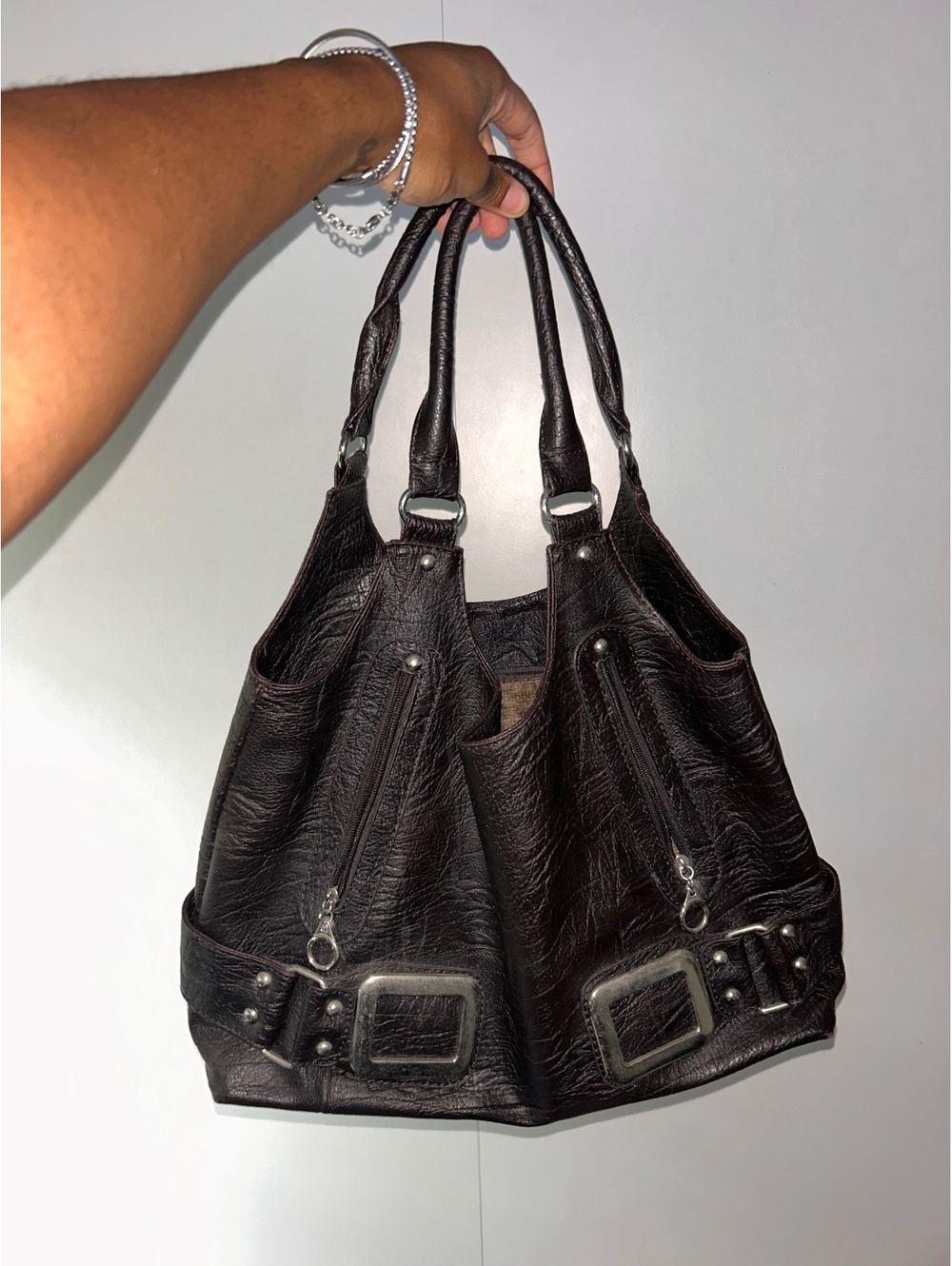 Black Faux Leather Women's Shoulder Bag with Dual Zipper Poo